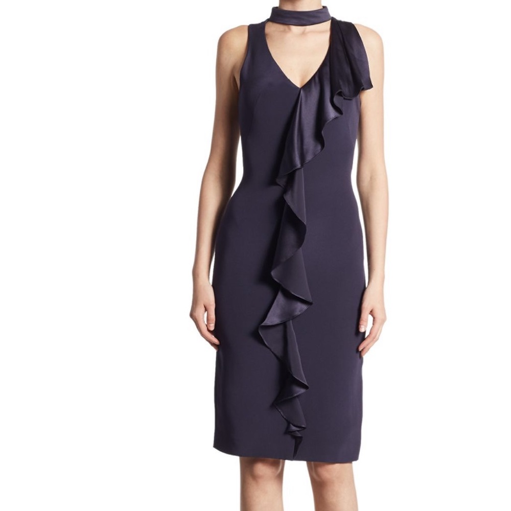 Theia Ruffle front V Neck Choker Dress Size 2